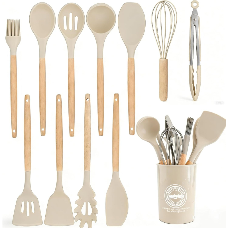 Kitchen Gadgets And Appliances - Ahşap Saplı Silikon Mutfak Gereçleri Seti