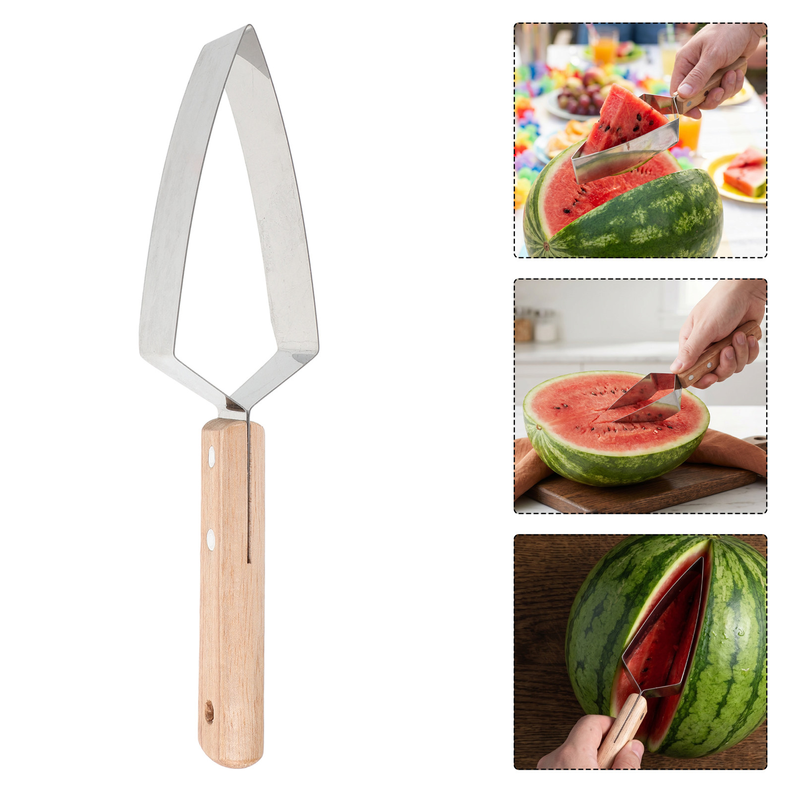 Watermelon Slicer Cutter - Paslanmaz Çelik Üçgen Şeftali Dilimleyici, Ahşap